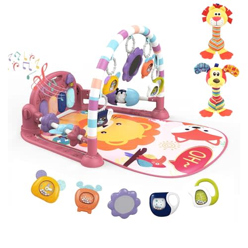 dearlomum Baby Play Mat Gym,Funny Play Piano Tummy Time Activity Gym Mat with 5 Infant Sensory Toys and 2 Baby Soft Rattles, Boy & Girl Gifts for Newborn 0 to 3 6 9 12 Months(Pink)