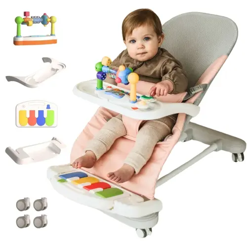 CuddoBaby Baby Bouncer 4-in-1 on Wheels 【Detachable Pianos, Feeding Tray】 3-Level Recline Foldable Seat with Play Bar for Infant to Toddler 0-6, 0-12, 12-24 Months, Girl Gift Idea, Upto 29Lbs - Pink