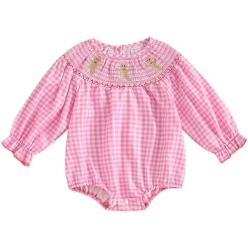 Honganda Newborn Baby Girl Christmas Outfit Plaid Smocked Bubble Romper Santa Claus Gingerbread Man Embroidery Xmas Clothes