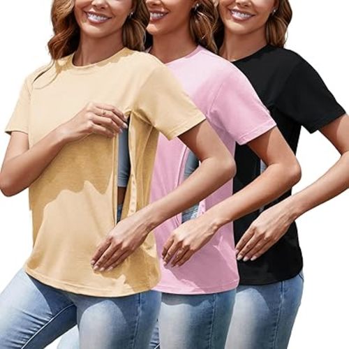 Women's 3-Pack Nursing Tops for Breastfeeding with Hidden Zippers Loose Fit Maternity Shirts
