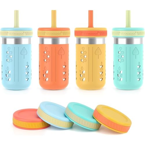 Tronco 4 Pack 15oz 2-in-1 Stainless Steel Kids Tumbler Cups with Silicone Sleeves, Spill-Resistant Flexible Straws & Storage Lids, BPA-Free Smoothie and Snack Cups, Dishwasher Safe