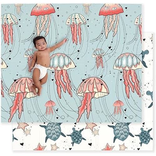 JumpOff Jo Baby Play Mat - Large Folding Foam Play Mat for Infants, Babies, Toddlers, Waterproof, Double-sided (70" x 59") - Seaside
