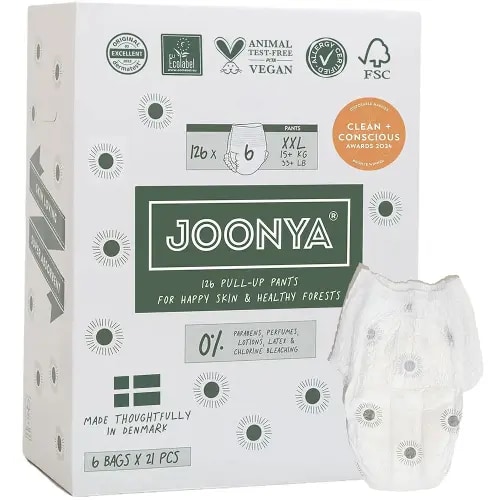 Joonya Pull-Up Pants Baby Diapers, Size 6 XXL (33+ lb) - 6 Bags of 21 (126) - NonToxic, Eco-Friendly, Ultra Slim, Overnight Use - Made in Denmark