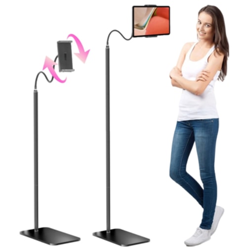 Gtouse Tablet Floor Stand, Adjustable Height iPad Tablet Stand Holder, 360° Gooseneck Phone Holder with Heavy Duty Base, Black