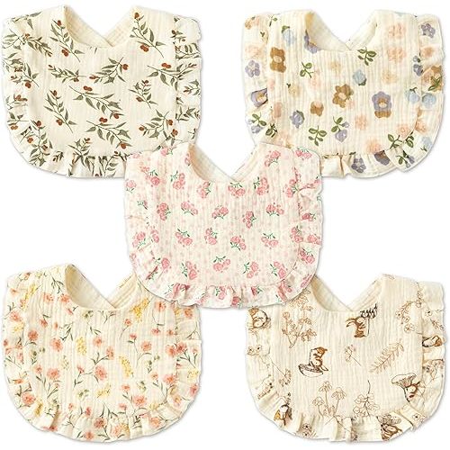 Zainpe 5Pcs Snap Muslin Cotton Baby Drooling Bibs Bib with Flounce Lace Absorbent Layers Soft Burp Cloths for Infant