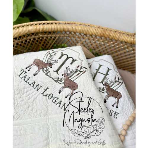 Deer Nursery Decor Hunting Baby Blanket Deer Hunting Nursery Custom Heirloom Quilt Embroidered Baby Blanket Personalized Baby Shower Gift