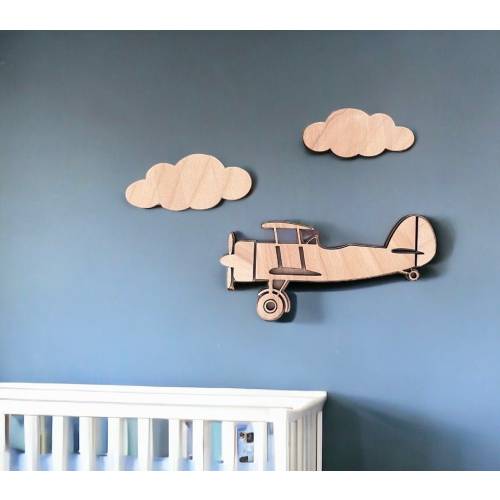 Wooden Nursery Airplane and Clouds Nursery Room Decor - Unfinished, Various Sizes Available