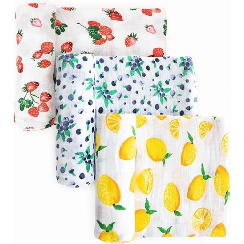 Little Unicorn Premium Muslin Swaddle Blanket 3 Pack | for swaddling, Play, Nursing & More | Giftable Set of 3 (Berry Lemonade)