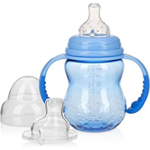 Nuby 3 Stage Tritan Wide Neck Grow with Me No-Spill Bottle to Cup, Blue, 8 Oz
