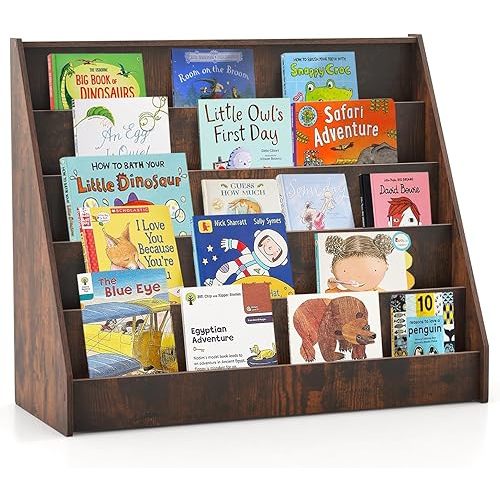 HONEY JOY Kids Bookshelf, 5-Tier Wooden Toddler Bookcase, Children Book Rack & Magazine Display Shelf, Toy Storage Organizer, Book Shelf for Kids Rooms, Playroom, Nursery, Classroom (Rustic Brown)