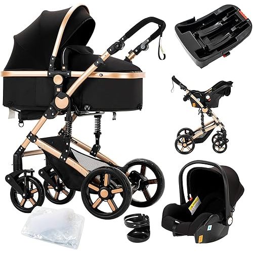 3 in 1 Baby Travel System Reversible Baby Stroller Pushchair Portable Baby Standard Pram Buggy Baby Carriage Foldable Luxury Baby High Landscape Pram for Toddler Newborn (UD588-BLACKGOLD with Base)