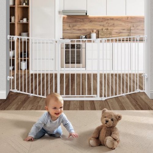 Baby Gate, Caveen 3Panels 80" Extra Wide Baby Safety Gate for Doorway Kitchen Playard for 0-3 years old, White