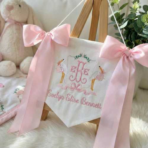 Custom Baby Banner For Hospital Door Sign & Nursery, Monogram Baby Announcement Banner, Embroidered Baby Name Banner for Baby Shower Gift