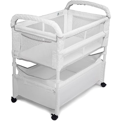 Arm’s Reach Clear-Vue Co-Sleeper Bedside Bassinet Featuring Clear Mesh Panels with Fold-Down Side, Large Attached Storage Basket, 4 Wheels, and Height-Adjustable Legs, White