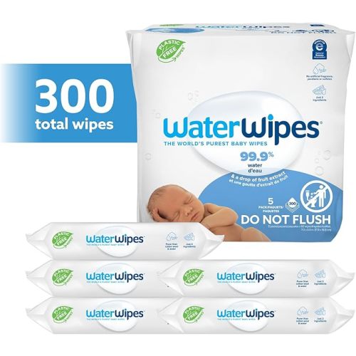 WaterWipes Original Baby Wipes, 99.9% Water, 3-In-1 Cleans, Cares, Protects, Unscented & Hypoallergenic, 300 Count (5 Packs), Packaging May Vary