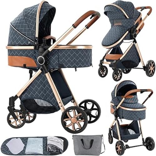 2 in 1 Baby Stroller Reversible Portable Standard Stroller Convertible Pushchair Infant Buggy Baby Carriage Foldable High Landscape Pram for Toddler Newborn (225 Blue)