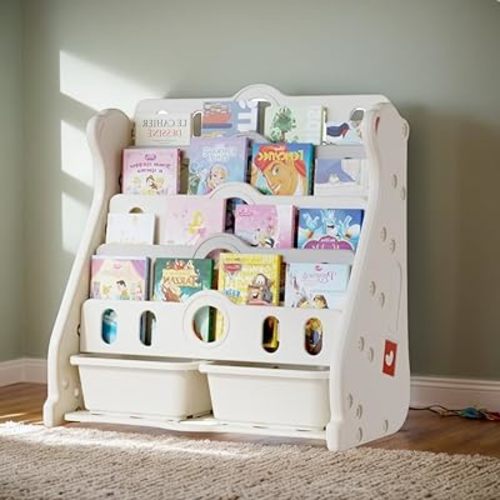 Kids Bookshelf 4 Tier White Bookcase Grey Toddler Wall Corner Bookshelf