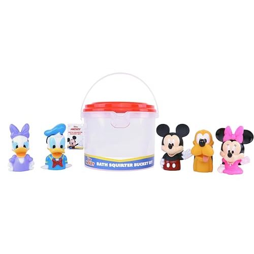 Mickey & Friends 6 Piece Bath Squirter Bucket Set. Bath Toys for Baby and Toddlers, Includes Organizer Bucket with Drainage to Store Your Bath time Water Toys.