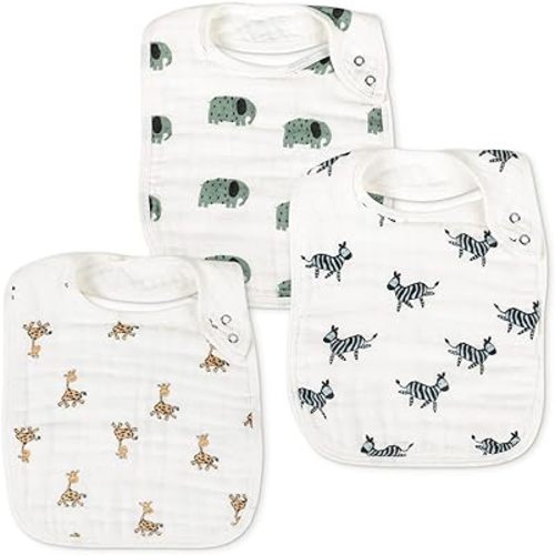 Snap Muslin Bibs for Boys & Girls, 3-Pack Baby Bibs for Infants, Newborns and Toddlers, 100% Cotton Muslin Absorbent & Soft Layers, Adjustable Snaps,"Animal Party"