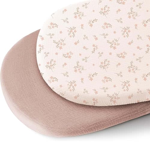 Konssy 2 Pack Muslin Bassinet Sheets for Baby Boy, 100% Cotton Soft Breathable Bassinet Mattress Sheets Fit for Hourglass Oval Cradle Rectangle Mattress (Soft Blooms,Taupe)