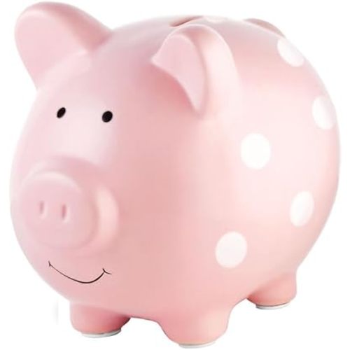 Pearhead Large Ceramic Piggy Bank, Ideal for Boys and Girls, Kids Money and Coin Bank, Perfect Baby Girl Nursery Décor, Gift and Newborn Keepsake, Pink Polka Dots