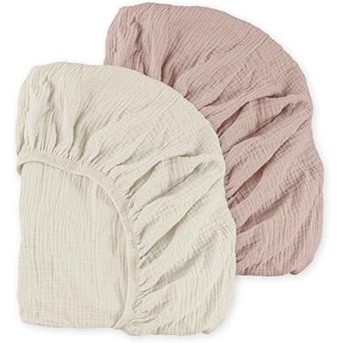 Muslin Mini Crib Sheets, 2 Pack for Baby Boy and Girl, Soft Breathable Stretchy Baby Pack N Play Mattress and Mini Cribs Sheet, Universal Fitted Portable/Mini Crib Mattresses (Gentle Colors)