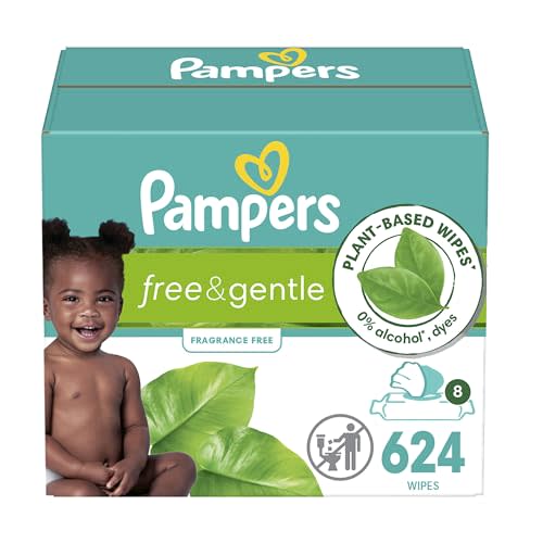 Pampers Free & Gentle 100% Plant-Based Fragrance Free Baby Wipes, 8 Flip-Top Packs (624 Wipes Total)