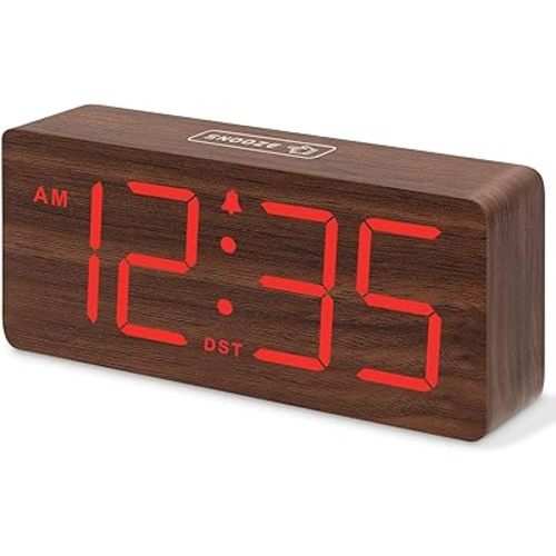 DreamSky Wooden Digital Alarm Clock for Bedroom - Desk Clocks with Large Numbers for Living Room, Office, Dimmer, Loud Alarm for Heavy Sleepers with Volume Control, DST, Wood Decor (Plug in Clock)