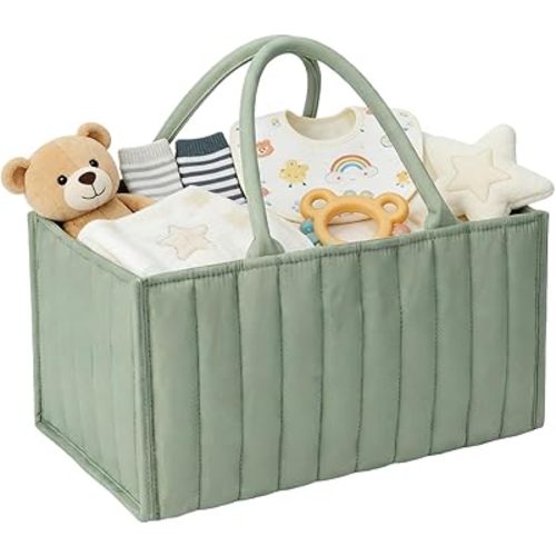 Diaper Caddy Organizer, Quilted Storage Basket with Removable Dividers, Portable Nursery Organizer for Newborn Essentials Car Caddy (Light Green)