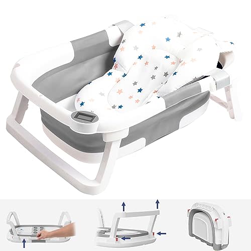 napei Collapsible Baby Bathtub,Baby Bath Tub with Soft Cushion & Thermometer,Baby Bathtub Newborn to Toddler 0-36 Months,Portable Travel Baby Tub,Gray
