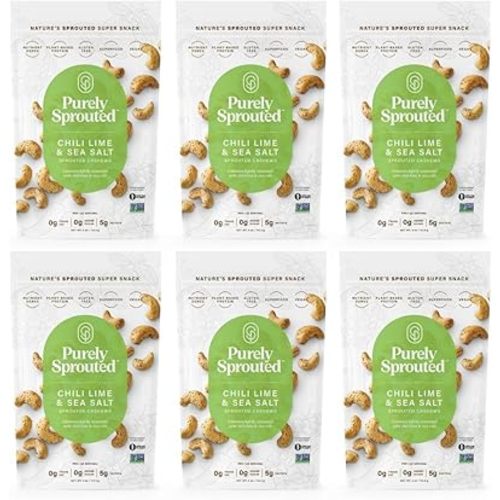 Purely Sprouted Cashews Chili Lime Sea Salt, Non-GMO Superfood for Healthy, Certified USDA Organic, Gluten-Free Snacking (4 oz, 6 pack)