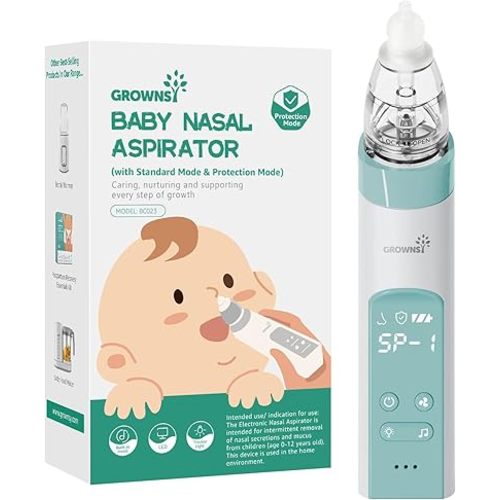 GROWNSY Nasal Aspirator for Baby with Protection Mode, Electric Nose Suction for Baby, Automatic Baby Nose Sucker with 3 Silicone Tips, Adjustable Suction Level, Music and Light Soothing Function