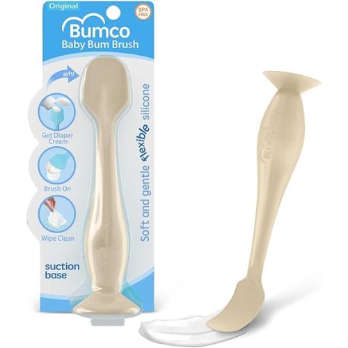 Bumco Baby Bum Brush - BPA-Free Diaper Cream Spatula with Suction Cup Base, Soft & Flexible Silicone, Wipe-Clean, Mom-Invented Diaper Bag Essentials (Sand)