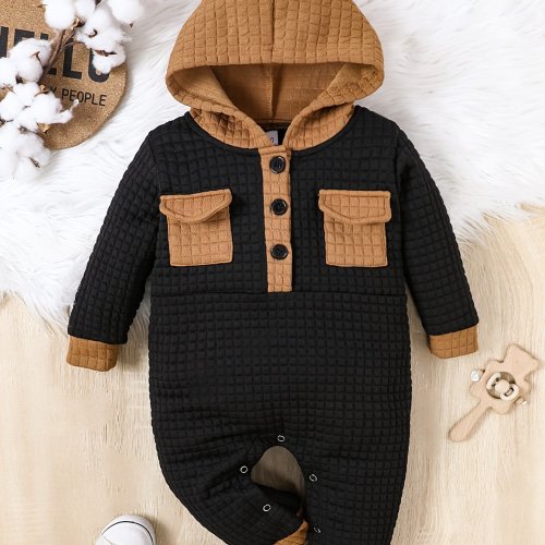 [Popular Choice] Cozy Kids&#39; Autumn/Winter Color-Block Hooded Jumpsuit - Waffle Knit, Button Detail, Stretchy Polyester Blend, Casual Style, Perfect for Cold Weather, Perfect for Outdoor