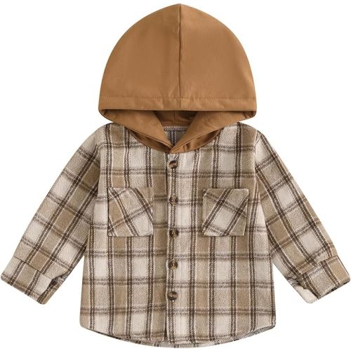 TheFound Toddler Girls Boys Hoodies Jacket Checkerboard Zip-Up Hooded Long Sleeve Coat Fall Winter Kids Clothes Outerwear - Khaki Plaid - 12-18 Months