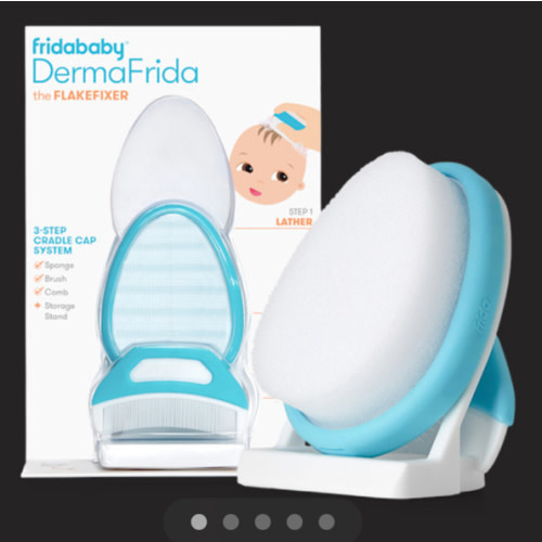 Frida Baby The 3-Step Cradle Cap System, DermaFrida The FlakeFixer, Sponge, Brush, Comb and Storage Stand for Babies with Cradle Cap, White-Blue