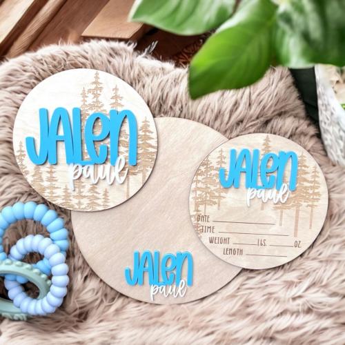 Baby Announcement Sign, Birth Announcement Round, Stat Sign, Personalized Baby Name Sign, Forest, Tree, Trees, Baby Boy, Baby Room Decor