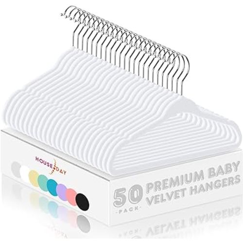 HOUSE DAY Velvet Baby Hangers 50 Pack, Premium Children's Hangers for Baby, Infant & Toddler Clothes, Durable Non Slip Baby Felt Hangers White, 11 Inch Baby Hangers for Closet, Ideal for Everyday Use
