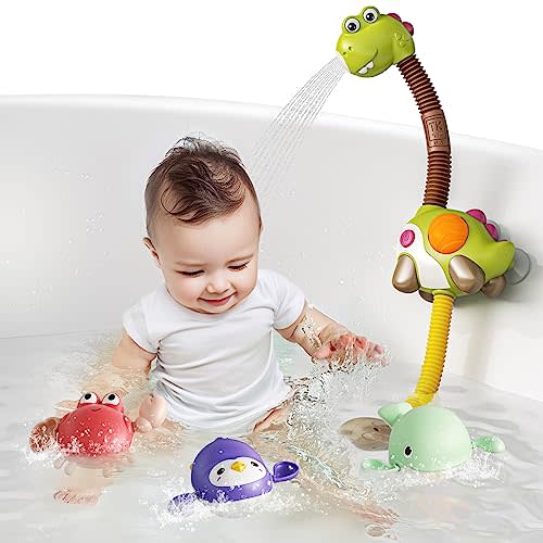 TUMAMA Baby Bath Toy with Shower Head and 3 Wind-Up Toys, Dinosaur Water Spray Squirt Shower Faucet and Bathtub Water Pump Summer Essentials for Toddlers Infants Kids