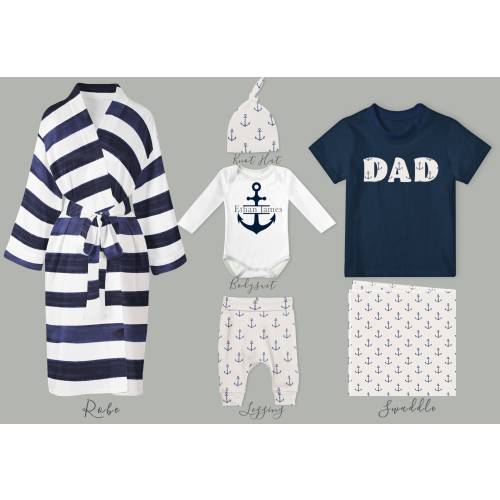 Baby Boy Coming Home Outfit // Mom Robe // Dad Shirt // Nautical Anchors // Baby Leggings, Personalized Bodysuit, Hat, Swaddle