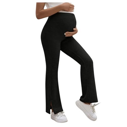 OYOANGLE Women's Maternity Split Hem Flared Leg Pants Adjustable High Waist Stretchy Pregnancy Pants Black Small