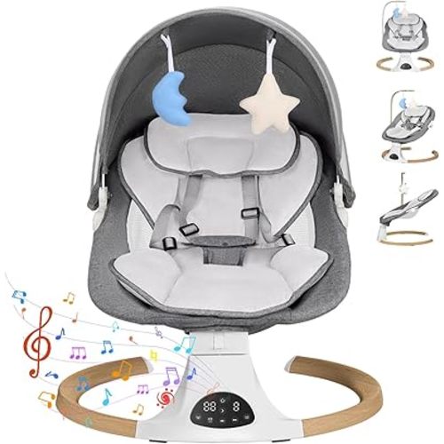 Electric Baby Swings, Baby Swing for Newborn, Metal Frame Wooden-textured, 5 Speeds Infant Swing, Remote Control and Timer, Preset Music, Bouncer and Rocker for Babies, Grey