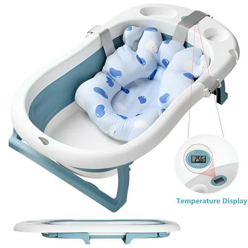 Baby Bath Tub Large Size 87 x 49 x 21cm with Cushion and Temperature Display, Foldable Infant Toddler Bathtub Shower Basin, Blue