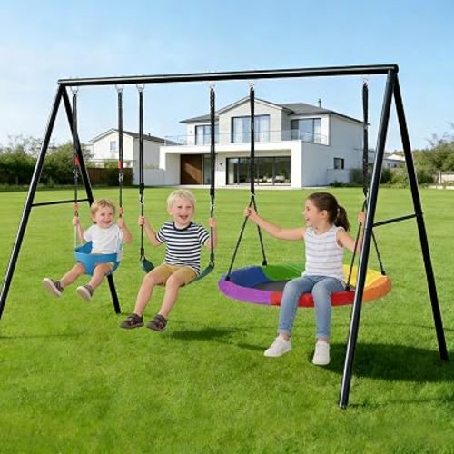 440lbs Swing Frame Set with Stand–Saucer Swing, Belt Swing & Baby Swing, Heavy Duty Metal Swing Set with Adjustable Height for Backyard, Outdoor Playground Equipment for Kids