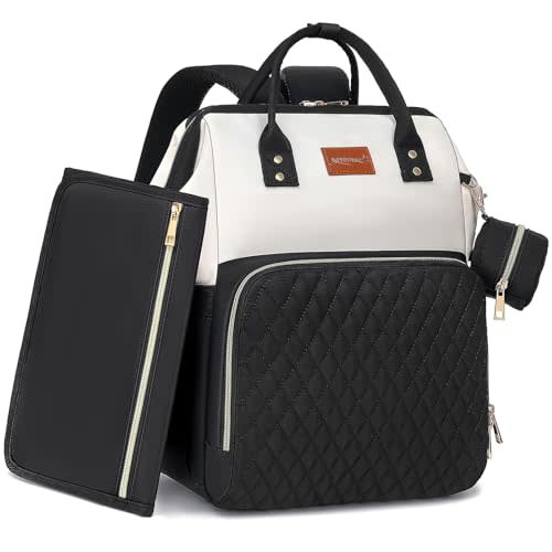 ROSEGIN Baby Diaper Bag Backpack with Changing Pad, Pacifier Case, for Boy Girl Toddler - Large, Stylish, Waterproof Travel Quilted Diaper Bag for Mom - Black/White