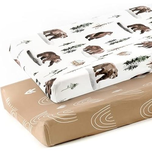 GRSSDER Stretch Ultra Soft Jersey Knit Changing Pad Covers Set 2 Pack, Change Table Pad Covers Fit 32"/34" x 16" Pads Safe and Snug, Jungle Bear/Rainbow for Baby