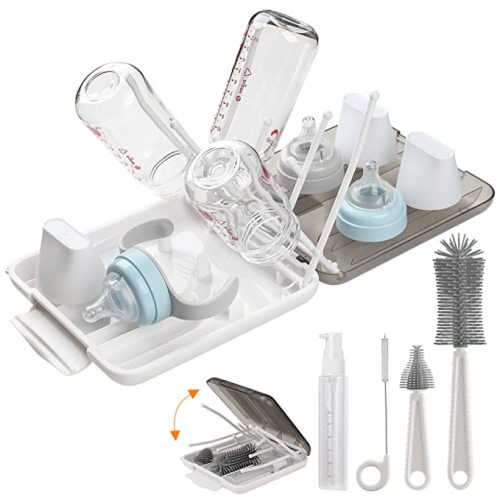 6 in 1 Bottle Cleaning Brush Set with Silicone Bottle Brush, Nipple Brush, Straw Brush, Soap Dispenser, Drying Rack for Baby Bottle and Water Bottle, Space Saving Baby Essentials for Home and Travel - White