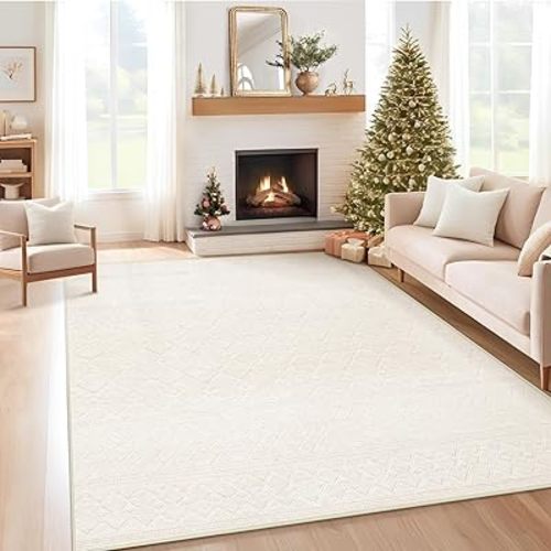 Alfombra de área de 6 x 9 pies para sala de estar: alfombra marroquí geométrica bohemia lavable, neutra, moderna, de casa de campo, suave, antideslizante, ultra fina, con patrón impreso, para comedor,