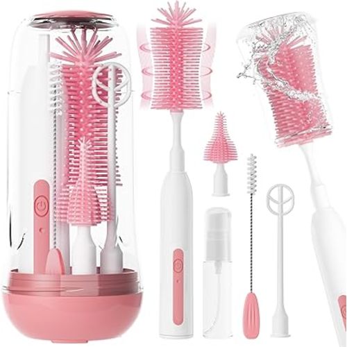 Electric Bottle Brush Cleaner,Rechargeable Baby Bottle Cleaning kit with Formula Mixer, Silicone Nipple&Straw Brush, Soap Dispenser, Drying Rack-IPX7 Waterproof,Long Battery Life for Home & Travel