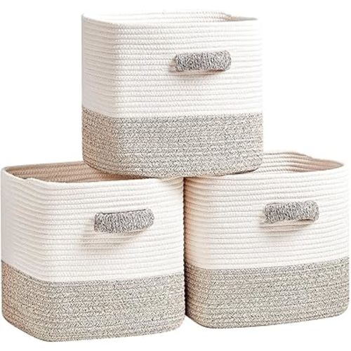 Storage Cube Baskets 3-Pack - 11 inch Square Baskets, Closet & Shelves Organizers - Woven & Drawer Storage - Ideal for Toys | White & Beige
